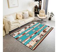 Homemissing Blue Southwestern Aztec Decor Carpet 150x200cm Geometric Living Room Rugs for Bedroom for Children Cow Fur Printed Western Cowboy Rustic Tribal Area Rug Room Decor Indoor Floor Mat