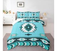 Homemissing Blue Southwestern Aztec Duvet Quilt Single Size Geometric Vintage Comforter Set for Boys Girls Children Geometry Tribal Rustic Bohemian Western Bedding Set Room Decor Breathable Soft 3Pcs