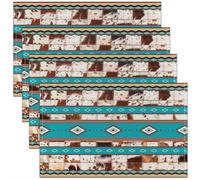 Homemissing Blue Southwestern Aztec Place Mat for Kitchen Dining 45X30cm Geometric Table Mats for Boys Girls Children Cow Fur Printed Western Cowboy Rustic Tribal Placemats Set of 4 Room Decor