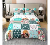 Homemissing Blue Western Aztec Bedding Set for Girls Boys Kids Super King Size Bull Skull Comforter Cover Wild Cowgirl Boots Southwestern Boho Rustic Floral Duvet Cover 100% Cotton Soft 3Pcs