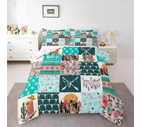 Homemissing Blue Western Aztec Comforter Set for Girls Boys Kids Double Size Bull Skull Duvet Quilt Room Decor Wild Cowgirl Boots Southwestern Boho Rustic Floral Bedding Set Breathable Soft 3Pcs