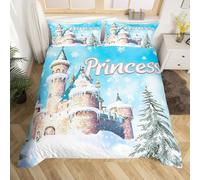 Homemissing Blue Winter Castle Duvet Cover Double Size Frozen Bedding Set for Boys Girls Frozen Snowflake Comforter Cover Blue Castle Bedroom Decor 3Pcs