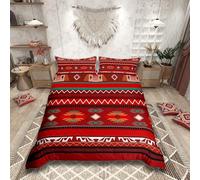 Homemissing Boho Bed Linen Set 135 x 200 cm Children's Southwest Native Aztec Bedding Set for Boys Girls Teens Southwest Native American Design Beds Dark Red