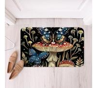 Homemissing Boho Mushroom Polyester Bath Rug Blue Moth Soft Fleece Door Carpet for Kids Boys Girls Butterfly Non Slip Bath Mat Bohemian Bathroom Floor Indoor Doormat,16x24 Inch