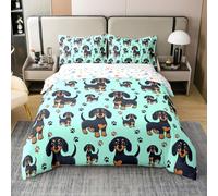 Homemissing Boys Girls Green Sausage Dog Bedding Set Double Size, Kawaii Dachshund 100% Cotton Duvet Cover Kids Puppy Dogs Comforter Cover,No Comforter Teens Bedroom Decor