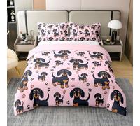 Homemissing Boys Girls Pink Sausage Dog 100% Cotton Duvet Cover Double Size, Dachshund Bedding Set Puppy Dogs Comforter Cover,No Comforter Kids Teens Bedroom Decor