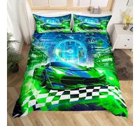 Homemissing Boys Green Race Car Single Size Bedding Set Kids Racing Car Decor Comforter Extreme Sports Car Duvet Cover for Teens Honeycomb Grid Car Comforter Cover Car Room Decorations