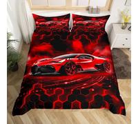 Homemissing Boys Red Race Car Duvet Cover Set Single Size For Kids Boys Teens Racing Car Glitter Honeycomb Bedding Set Fast and Furious Extreme Sports Duvet Cover with 1 Pillowcase