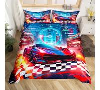 Homemissing Boys Red Race Car Super King Size Bedding Set Kids Racing Car Decor Comforter Extreme Sports Car Duvet Cover for Teens Honeycomb Grid Car Comforter Cover Car Room Decorations