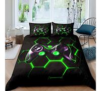 Homemissing Boys Teens Gaming Duvet Cover Set Kids Video Game Gamepad Bedding Set Geometric Honeycomb Hexagon Comforter Cover Gaming Game Controller Bedspread 3Pcs Double Size,Black,Green