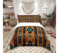 Homemissing Brown Bohemian Bedding Set Geometric Southwest Tribal Style Duvet Cover Set Native American Indian Design Duvet Cover with 2 Pillowcases Stripes Line Double Size Bed Set