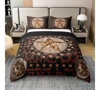 Homemissing Brown West Texas Star Bedding Set Super King Size Kids Wild Western Aztec Comforter Cover for Boys Girls Cow Fur Printed Rustic Farmhouse Tribal Duvet Cover 100% Cotton Soft 3Pcs