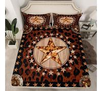 Homemissing Brown West Texas Star Fitted Sheet Double Kids Wild Western Aztec Bedding for Boys Girls Teens Cow Fur Printed Rustic Farmhouse Tribal Bed Sheets Set 16" Deep Pocket Soft Room Decor 3Pcs