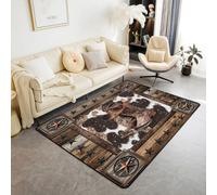 Homemissing Brown Western Aztec Area Rug 100x150cm Cowboy Boots Hat Living Room Rugs for Bedroom for Kids Decor West Texas Star Cow Fur Printed Rustic Decor Carpet Indoor Floor Mat Room Decor