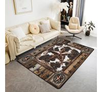 Homemissing Brown Western Aztec Area Rug 100x150cm West Texas Star Living Room Rugs for Bedroom for Kids Decor Wild Cowboy Cow Fur Printed Rustic Farm Decor Carpet Indoor Floor Mat Room Decor
