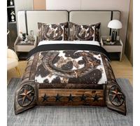Homemissing Brown Western Aztec Bedding Set Double Size Kids Horseshoes Comforter Cover for Boys Girls West Texas Star Cow Fur Printed Rustic Farmhouse Duvet Cover 100% Cotton Soft 3Pcs
