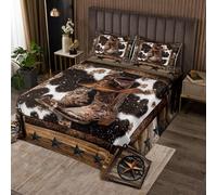 Homemissing Brown Western Aztec Bedspread Double Size Cowboy Boots Hat Coverlet Set for Kids Boys Girls Decor West Texas Star Cow Fur Printed Rustic Quilted Coverlet Room Decor