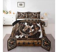 Homemissing Brown Western Aztec Comforter Set Double Size Kids Horseshoes Duvet Quilt for Boys Girls Teens West Texas Star Cow Fur Printed Rustic Farmhouse Bedding Set Breathable Soft Room Decor 3Pcs