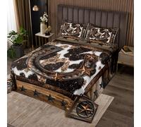 Homemissing Brown Western Aztec Coverlet Set Double Size Kids Horseshoes Quilted Coverlet for Boys Girls Teens West Texas Star Cow Fur Printed Rustic Farmhouse Bedspread Room Decor