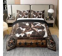 Homemissing Brown Western Aztec Duvet Cover 100% Cotton Double Size West Texas Star Bedding Set for Kids Decor Wild Cowboy Cow Fur Printed Rustic Farm Comforter Cover Soft Bedroom Decor 3Pcs