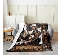 Homemissing Brown Western Aztec Flannel Blanket Plush Fuzzy Double 60x79Inch Kids Horseshoes for Bed Chair Living Room for Boys West Texas Star Cow Fur Printed Rustic Farmhouse Fleece Throw Blanket