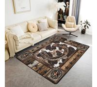 Homemissing Brown Western Aztec Living Room Rugs for Bedroom 100x150cm Kids Horseshoes Decor Carpet for Teens West Texas Star Cow Fur Printed Rustic Farmhouse Area Rug Indoor Floor Mat Room Decor