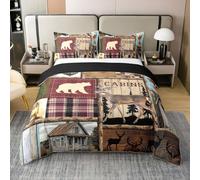 Homemissing Cabin Deer Bedding Set King Size Kids Comforter Rustic Bear Cover for Boys Girls Teens Country Farmhouse Wild Animal 100% Cotton Duvet Cover Brown Red Soft Lightweight,No Comforter