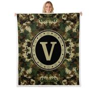 Homemissing Camo Sherpa Throw Blanket for Couch Personalized Initial V Super Soft Cozy Fleece Monogrammed Blanket for Winter, Plush Throw Camouflage 40x50Inch Military Style All Season