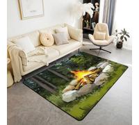 Homemissing Campfire Area Rug 100 * 150cm Fun Woodland Campsite Living Room Rugs for Kids Boys Girls Bedroom Summer Happy Camping with Non-Slip Backing Forest Animals Indoor Floor Mat Soft Polyester