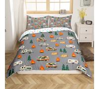 Homemissing Camping Bedding Duvet Cover Set King Size Camper Bedding Set for Kids Boys Girls Bonfire Comforter Cover Set RV Camping Bedspread Cover Grey,No Comforter