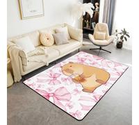 Homemissing Capybara Area Rug 100 * 150cm for Bedroom Pink Bow Polyester Living Room Rugs Bubble Tea Bowknot Decor Carpet Cute Capybara Indoor Floor Mat