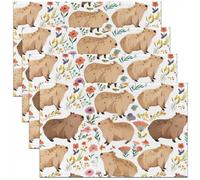 Homemissing Capybara Place Mat for Kitchen Dining Table Party Decor Indoor Outdoor 45X30cm Non-Slip Easy to Clean Boys Girls Capybara Gifts Placemats Set of 4, Ultra Animals Table Mats White Floral