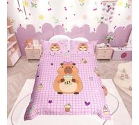 Homemissing Capybaras Duvet Cover Set Single Size For Kids Boys Girls Cutes Capybara Bedding Set Bubble Tea Drinking Duvet Cover with 1 Pillowcase Plaid Sweet Hearts Bedding