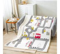 Homemissing Cartoon City Map Fleece Throw Blanket Car Race Track Sherpa Blanket Kids Boys Girls Downtown Rural Map White Plush Blanket Car Themed Fuzzy Blanket for Sofa Bed Couch,Single 50x60Inch