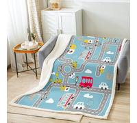 Homemissing Cartoon City Map Plush Blanket Car Race Track Print Sherpa Blanket Kids Boys Girls Downtown Rural Map Blue Fleece Throw Blanket Car Themed Fuzzy Blanket for Sofa Bed Couch,40x50Inch