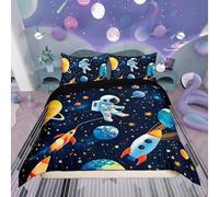 Homemissing Cartoon Cosmonaut Spaceman Duvet Cover Set Single Size For Kids Boys Teens Space Rocket Print Bedding Set Universe Planets Comforter Cover Set Outer Space Quilt Cover with 1 Pillowcase