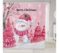 Homemissing Cartoon Cute Snowman Shower Curtain for Bathroom Decor Kids 180x240cm Pink Christmas Tree Bath Curtain for Boys Girls Teens Xmas Snowflakes Winter Holiday Bathroom Accessories