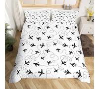 Homemissing Cartoon Flight Bedding Duvet Cover Set Kids Airplane Bedding Set for Toddler Aircraft Print Comforter Cover Set Microfiber Travel Decor Black and White Bedspread Cover Decor King