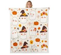 Homemissing Cartoon Ghost Printed Sherpa Blanket Plush Fuzzy Happy Halloween Fleece Throw Blanket Boys Girls Retro Floral Boho for Bed Couch Chair Living Room Pumpkin Bedroom Decor Queen 90x90Inch