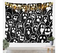 Homemissing Cartoon Ghost Printed Tapestry Black White Wall Art Happy Halloween Wall Hanging Blanket for Living Room Bedroom Horror Theme Home Decor Large Large 58x79 Inch Witchcraft