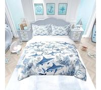 Homemissing Cartoon Shark 100% Cotton Duvet Cover Double Size Ocean Sea Animal Bedding Set Ocean Creature Theme Marine life Sealife Comforter Cover Set Sea Underwater World Bedspread Cover