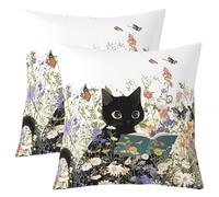 Homemissing Cat Throw Pillow Covers Set of 2 Cute Floral Decorative Pillowcase Modern Minimalist Cushion Covers for Sofa Couch Bed Cartoon Cushion Case Girly Wildflower Home Decor 40x40cm