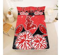 Homemissing Cheerleader Pom Poms Fitted Sheet with 2 Pillowcases Double Size Vibrant Cheer Theme 16" Deep Pocket Fitted Sheet Cheerleading Silhouette Art Bedding Red Black Room Decor Megaphone Design