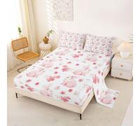 Homemissing Cherry Blossoms Bed Sheets Sets King Size Kids Boys Girls Cute Rabbit Bedding Set Spring Florals Flowers Pattern Bed Sheet Set with 16-Inch Deep Pockets 4Pcs with 2 Pillow Cases