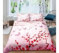 Homemissing Cherry Blossoms Bedding Set Girly Butterfly Duvet Cover for Kids Girls Women Watercolor Pink Floral Decor Comforter Cover Garden Bedspread 3Pcs Double