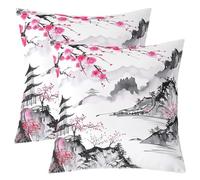Homemissing Cherry Blossoms Throw Pillow Covers 45x45cm Set of 2 Spring Sakura Flower Decorative Pillow Case Pillowcase Japanese Style Cushion Cover Inkwash Painting Mountain Decor Outdoor Pillow Case