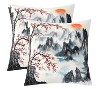 Homemissing Cherry Blossoms Throw Pillow Covers 60x60cm Set of 2 Plum Blossom Decorative Pillow Case Pillowcase Chinese Ink Landscape Painting Cushion Cover Mountain Japanese Style Outdoor Pillow Case