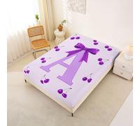 Homemissing Cherry Fitted Sheet 135x200cm Purple Bow Bed Sheets Set 30cm Deep Pocket Girls Spring Bowknot Bedding Botanical Letters A Print Breathable Soft Lightweight Microfiber