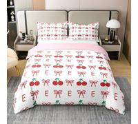 Homemissing Cherry Kids Bedding Set King Size,Boys Girls Cute Coquette Bow Knot Duvet Cover 100% Cotton,Personalized Letter E Comforter Cover Set,Cartoon Cute Red Cherries Pattern,No Comforter