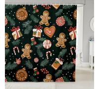 Homemissing Christmas Bath Curtain 180x240cm Chriatmas Tree and Gifts Shower Curtain Gingerbread Man Bathroom Shower Curtain Set Heart Kids Bathroom Accessories Blackish Green